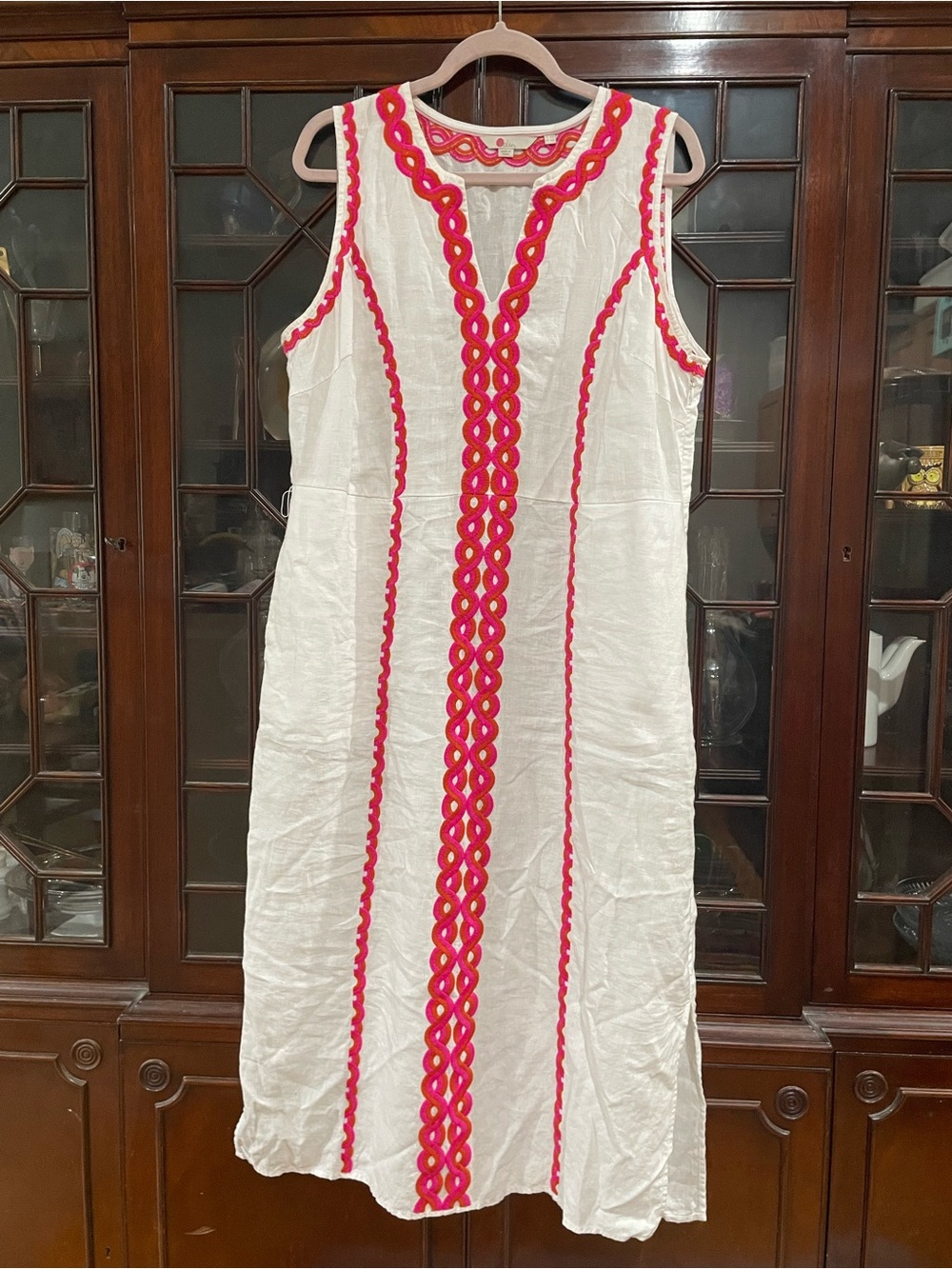 Boden Linen White Maxi Dress with Pink and Orange Embroidery and Big Pockets 14